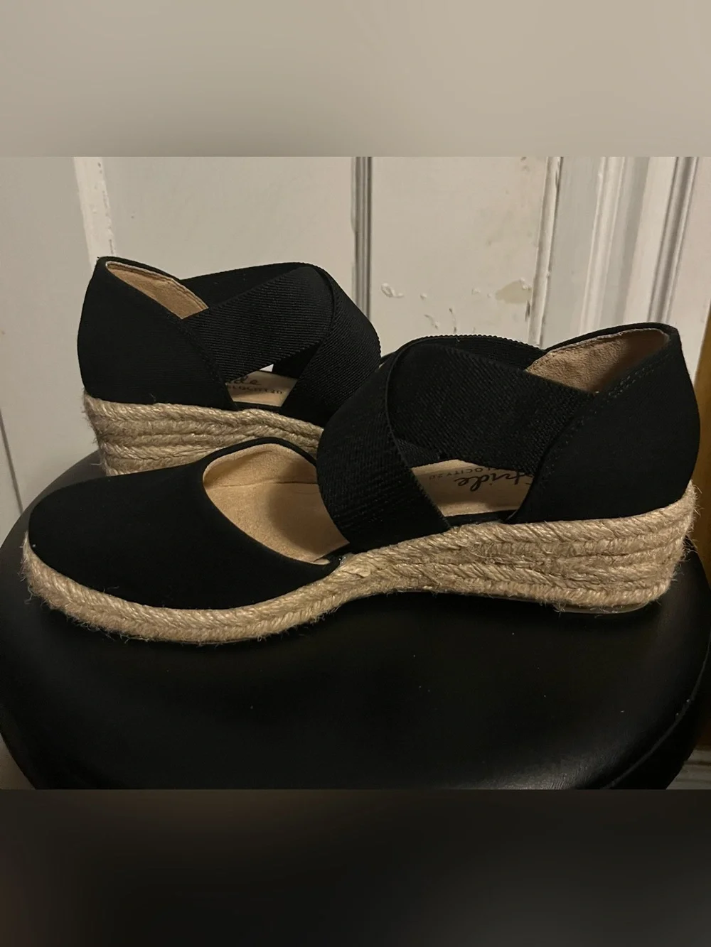 New Life Stride Black Espadrille Wedge Sandals